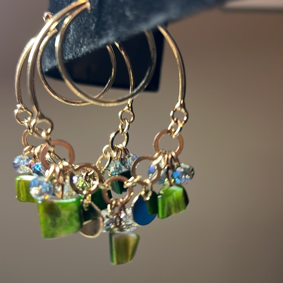 Gold Hoop Earrings with Green and Gold Accents - Picture 2 of 3